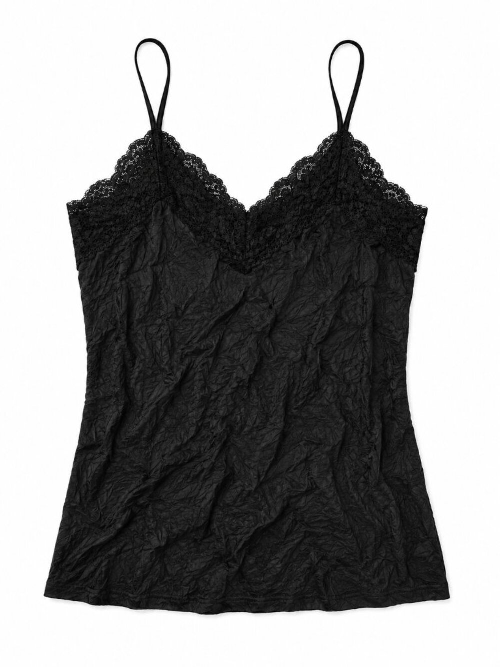 Y2K Wrinkled Black Cami Tank Top with Lace Detail, Size Large